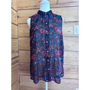 H&M Sleeveless Floral Chiffon Button Down Blouse Black Blue Pink Size 8
